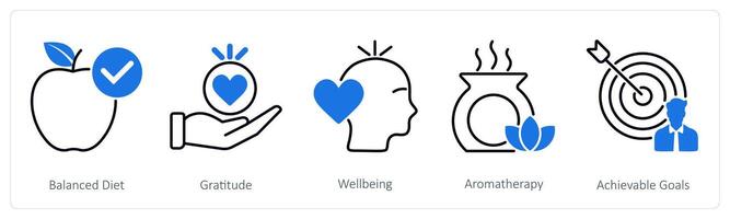 A set of 5 Wellness icons as balanced diet, gratitude, well being vector