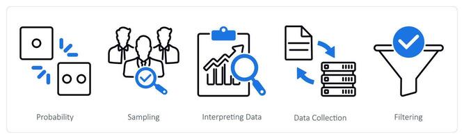 A set of 5 Statistics icons as probability, sampling, interpreting data vector