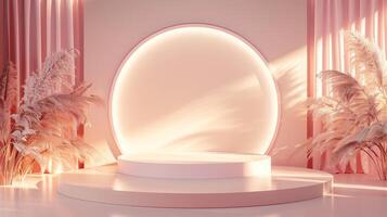 A modern minimalist display featuring a soft, glowing circular light with elegant pampas grass accents in a tranquil, pastel-toned setting photo