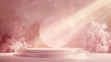An ethereal digital landscape portraying a serene, rose-tinted dawn with soft lighting and delicate tree silhouettes creating a dreamlike atmosphere. photo