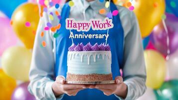 A vivid and festive image featuring a person holding a beautifully decorated cake that reads Happy Work Anniversary, set against a backdrop of colorful balloons. photo