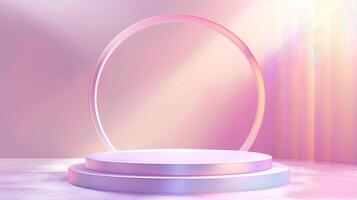 3D rendering of a pink and white podium with a circular frame against a gradient background. photo