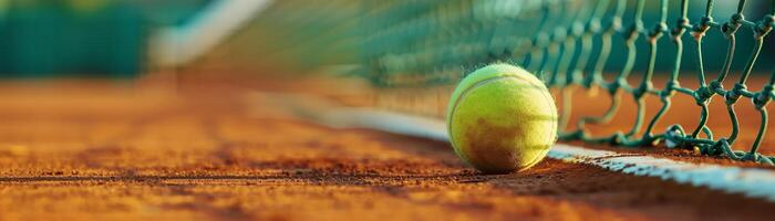 Close-up of a tennis ball on the court line, with the net softly blurred in the background, vibrant green hues contrasting with the clay court photo