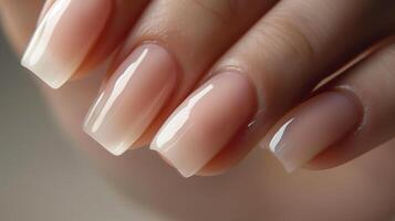Natural looking nails with a glossy finish. The nails are a medium length and have a square shape. The cuticles are trimmed and the nails are well-manicured. photo