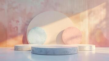 This elegant image features a minimalist design with soft pastel-colored circular platforms, artistically illuminated against a textured backdrop, ideal for modern aesthetic presentations photo