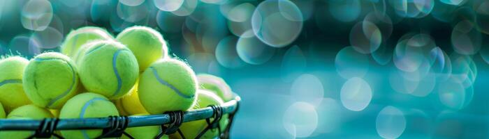 Abstract view of tennis balls in a basket, focus on the foreground with a bokeh background of the court, copy space on the top photo