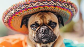 A dog wearing a sombrero that's too big, causing it to trip over its own feet photo