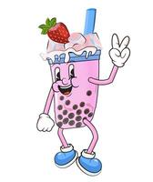Groovy character bubble milkshake with strawberries on ice. illustration cartoon style. Isolated element for your cafe design, summer verandas or stickers and printing vector