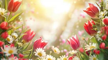 Artistic frame of tulips and daisies, space for message at center, high contrast, soft focus, photo