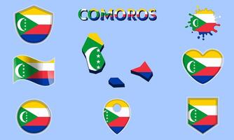 Collection of flat national flags of Comoros with map vector