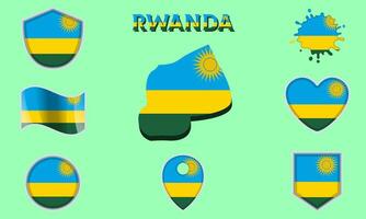 Collection of flat national flags of Rwanda with map vector
