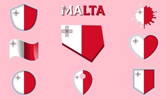 Collection of flat national flags of Malta with map vector