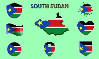 Collection of flat national flags of South Sudan with map vector