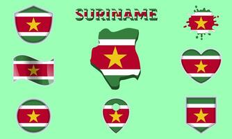 Collection of flat national flags of Suriname with map vector