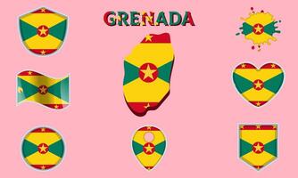 Collection of flat national flags of Grenada with map vector