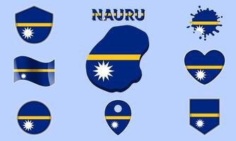 Collection of flat national flags of Nauru with map vector