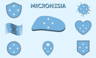 Collection of flat national flags of Micronesia with map vector