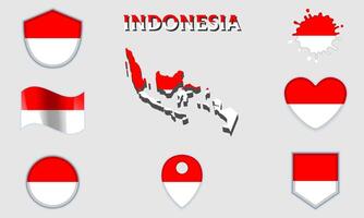 Collection of flat national flags of Indonesia with map vector