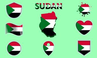 Collection of flat national flags of Sudan with map vector