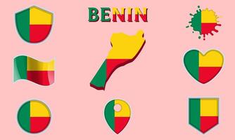 Collection of flat national flags of Benin with map vector