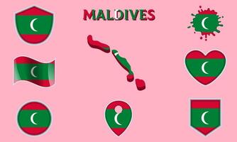 Collection of flat national flags of Maldives with map vector