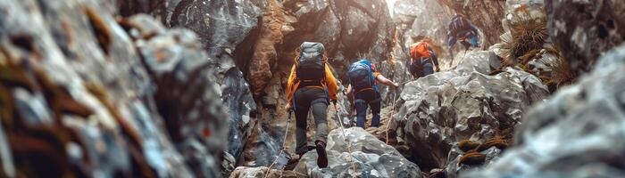 challenging rocky ascent, hikers in action, determination, dynamic hiking sport background for banner, ample text space photo