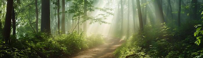 dense forest trail, sunlight filtering through trees, serene hiking background design for banner, space for text photo