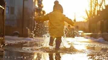 A child splashing in a puddle on a sunny spring day, wearing a raincoat and boots photo