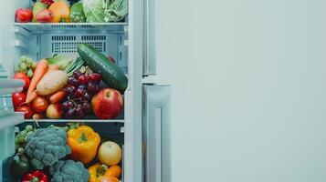 close-up of a fridge door open showing only healthy food options, promoting a healthy diet for weight management, with copy space on a solid light grey background photo