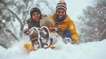 A family sledding down a snowy hill, laughing and enjoying the winter fun photo