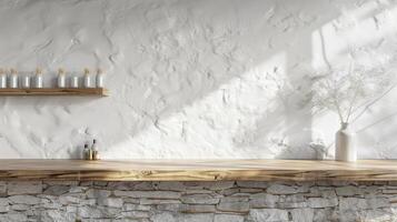 3D rendering of a streamlined wooden table counter and simple white stone wall, for minimalist product displays photo