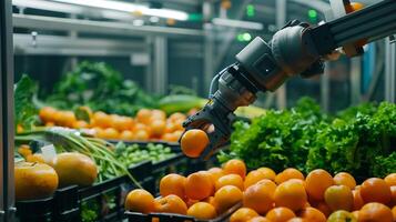 A robotic arm sorting freshly harvested fruits or vegetables based on size and quality photo