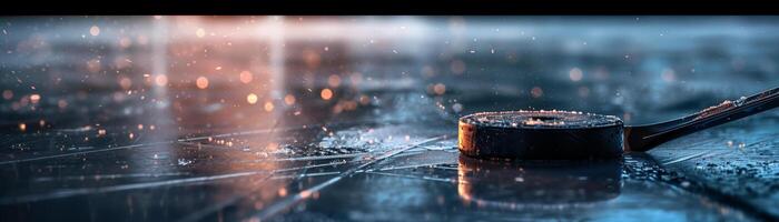 close-up of hockey puck on ice, stick in motion, dramatic lighting, dynamic background design for banner, space for text photo