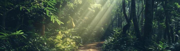 dense forest trail, sunlight filtering through trees, serene hiking background design for banner, space for text photo
