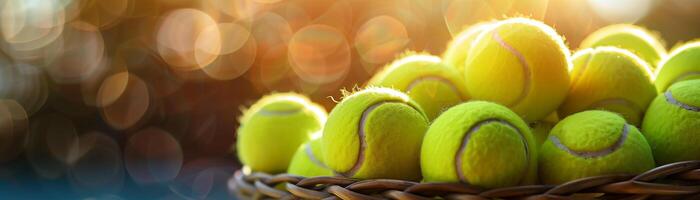 Abstract view of tennis balls in a basket, focus on the foreground with a bokeh background of the court, copy space on the top photo