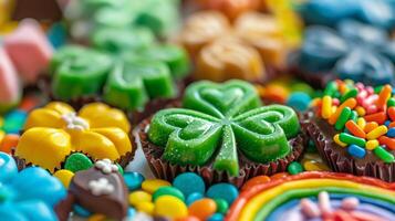 A close-up of colorful candies and chocolates shaped like shamrocks and pots of gold photo