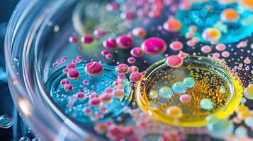A close-up of colorful microorganisms in a petri dish, representing their potential for environmental cleanup photo
