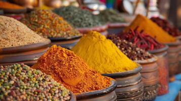 A collection of colorful spices from various countries displayed on a table, representing global food trends photo