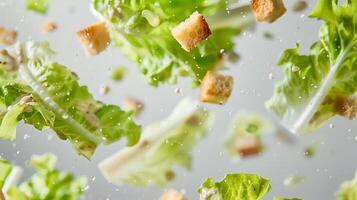 close-up of a Caesar salad with ingredients like lettuce and croutons floating, against a solid light gray background to emphasize freshness and crisp texture photo