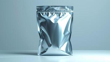 The silver bag is placed on a white table with a white background. The bag is empty and has a zipper closure. photo