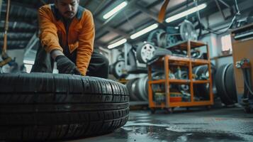 Technician skillfully changing tires in a bustling garage, emphasizing safety and precision photo