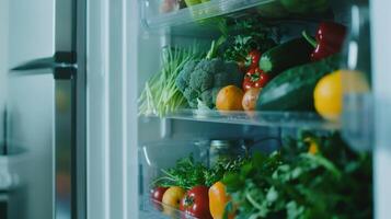 close-up of a fridge door open showing only healthy food options, promoting a healthy diet for weight management, with copy space on a solid light grey background photo