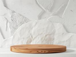 Sophisticated minimal wooden podium with a clean white stone backdrop for elegant product presentations, close-up, realistic photo