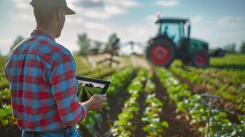 A self-driving tractor navigating rows of crops with a farmer monitoring its progress on a tablet photo