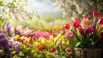 An inviting product display set against the lush, vibrant colors of spring flowers, offering a vivid scene that enhances the product's appeal, perfect for advertising photo