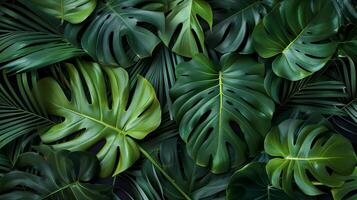 Tropical botanical background featuring palm and monstera leaves, ideal for canvas prints, posters, and home decor, styled for a hot summer day with a pristine design and generous advertising space photo