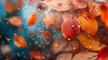 A photorealistic image of rain droplets falling on colorful autumn leaves photo