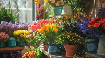 Vibrant and lively product presentation, with vivid spring flowers adding a burst of color and life, creating an attractive and compelling display photo