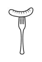 Frying pan with sausages and mashed potatoes. Fried meat dishes outline illustration. Kitchenware and Cookware icon. Cooking concept. Hand drawn illustration. Sticker for cookbook or menu. vector