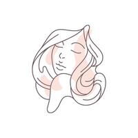 Abstract elegant lady face with long waving hair and closed eyes pastel spot continuous line icon vector
